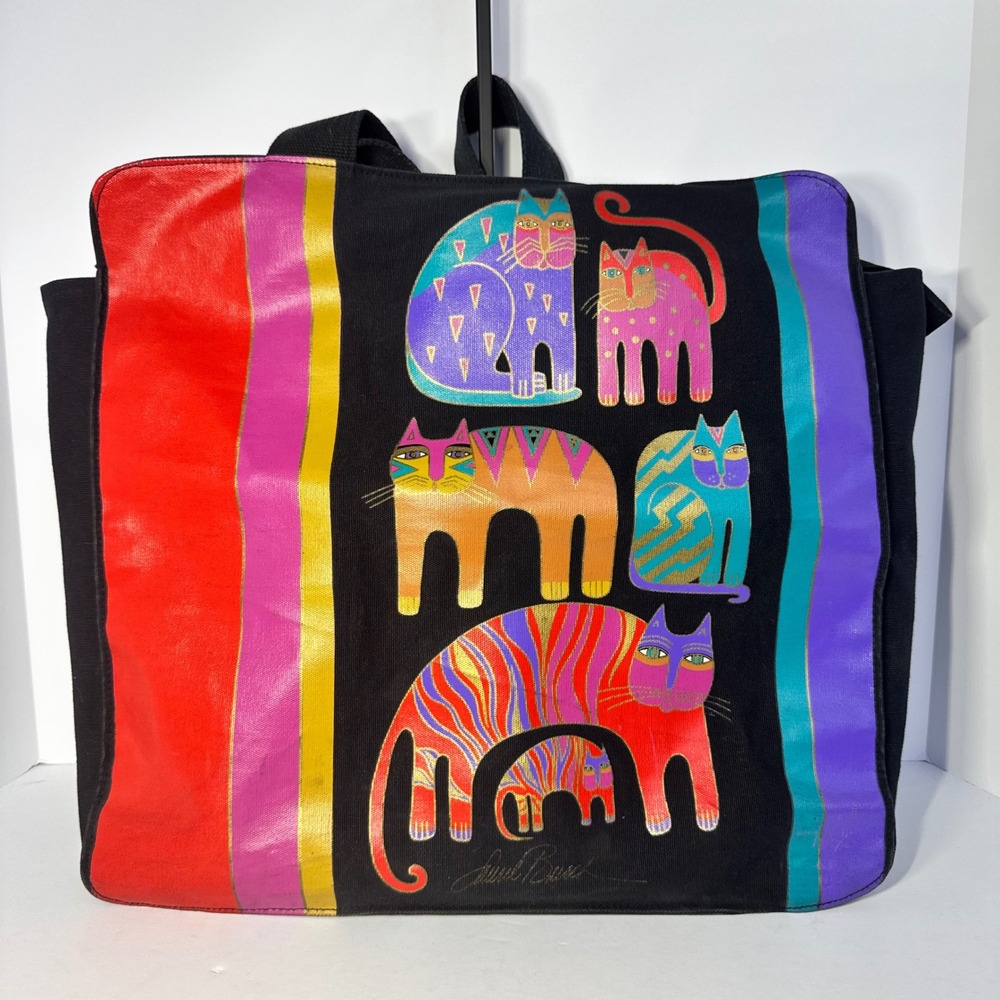 Laurel Burch Canvas Tote Bag Large Colorful Cats Artistic Black Shoulder Bag VTG